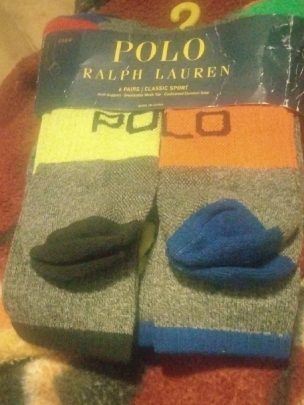 Polo by Ralph Lauren Gray Crew Socks with Neon Yellow, Orange & Blue Accents